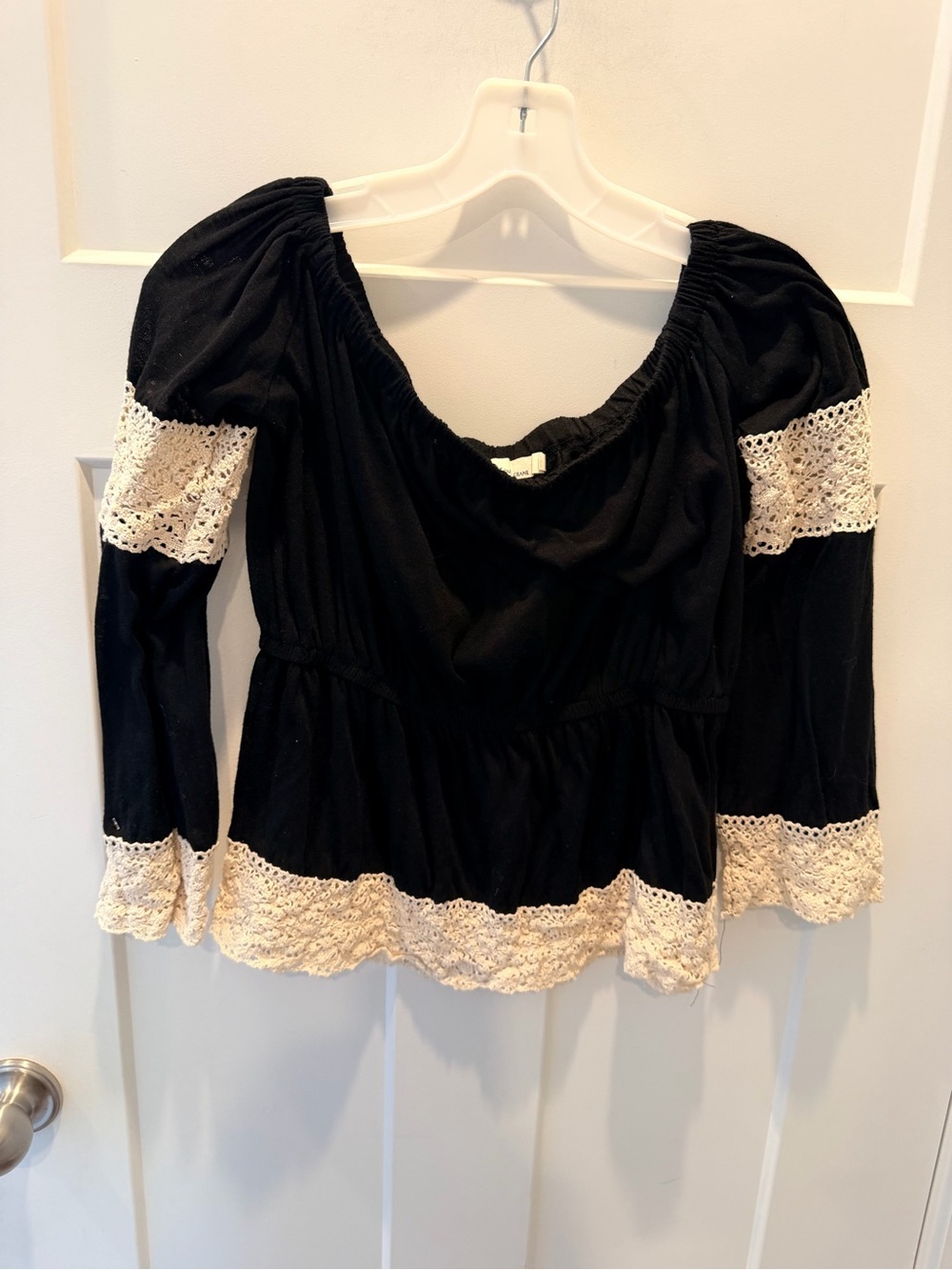 Paper Crane M Black Boho Peasant Top Crochet Trim Cottagecore Anthro Style